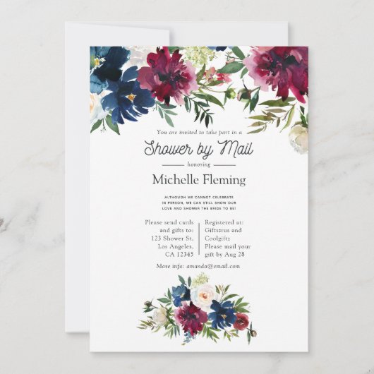 Invitation Fête des mariées virtuelle Bordo et Navy Watercolo (Devant)