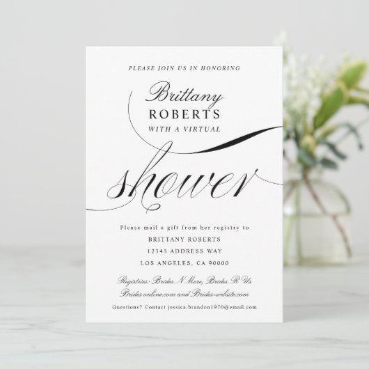 Invitation Fête des mariées virtuelle de script élégant noir  (Debout devant)