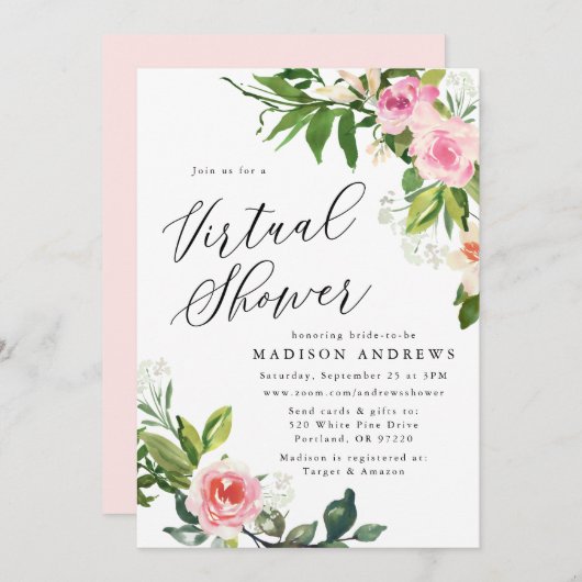 Invitation Fête des mariées virtuelle douce rose florale (Devant / Derrière)
