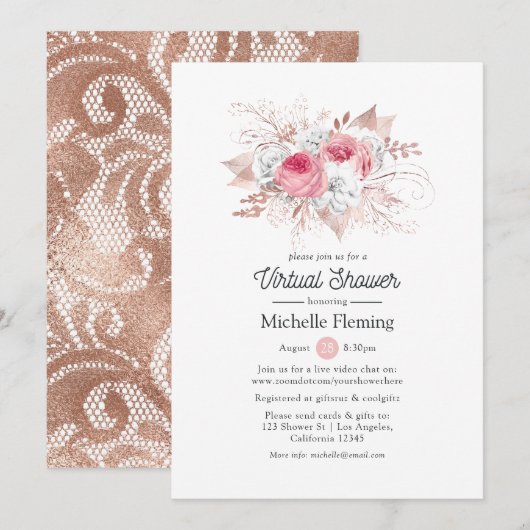 Invitation Fête des mariées virtuelle Floral et dentelle (Devant / Derrière)