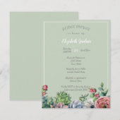 Invitation Fête des mariées Watercolo rose bleu vert Succulen (Devant / Derrière)