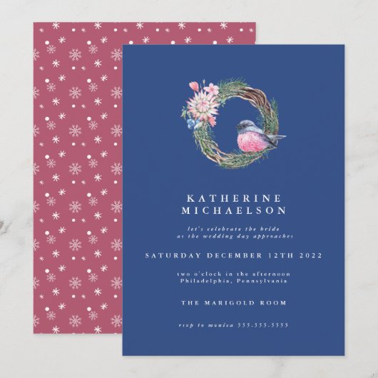 Invitation FÊTE DES MARIÉES | Watercolor Winter Sparrow Wreat (Devant / Derrière)