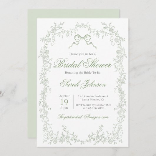 Invitation Fête des mariées Whimsical Sage Green (Devant / Derrière)