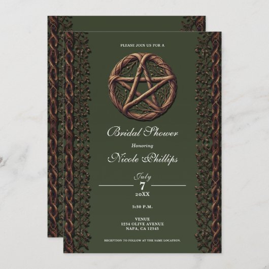 Invitation Fête des mariées Wicca verte en bois Twig Pentacle (Devant / Derrière)
