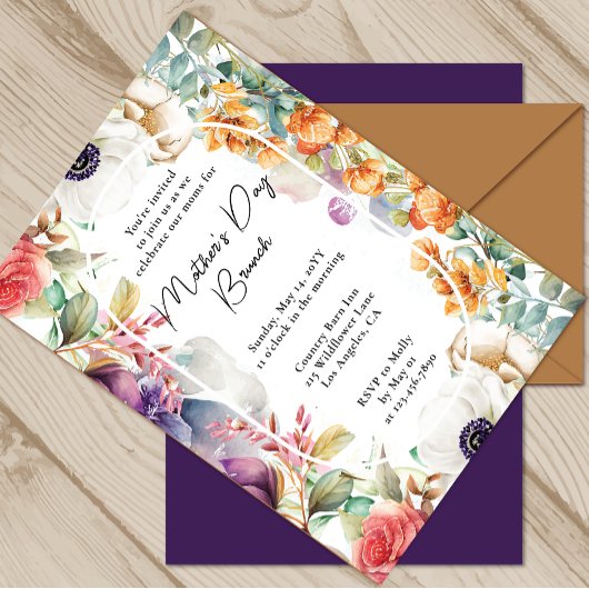 Invitation Fête des Mères Brunch Aquarelle Fleur sauvage Flor