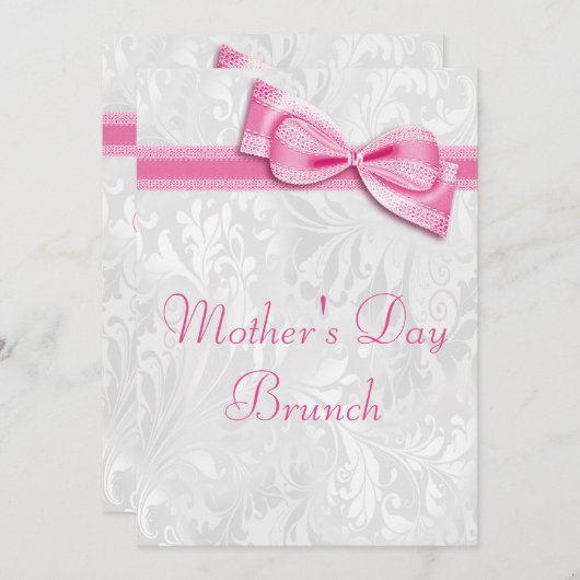 Invitation Fête des mères Brunch Damask et rose Faux Bow (Devant / Derrière)