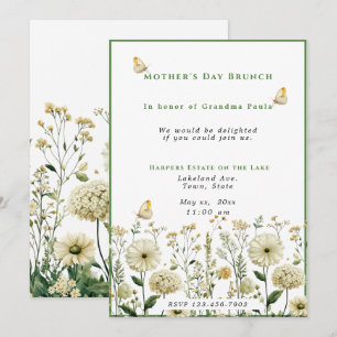 Invitation Fête des mères Brunch Fleurs blanches Papillons
