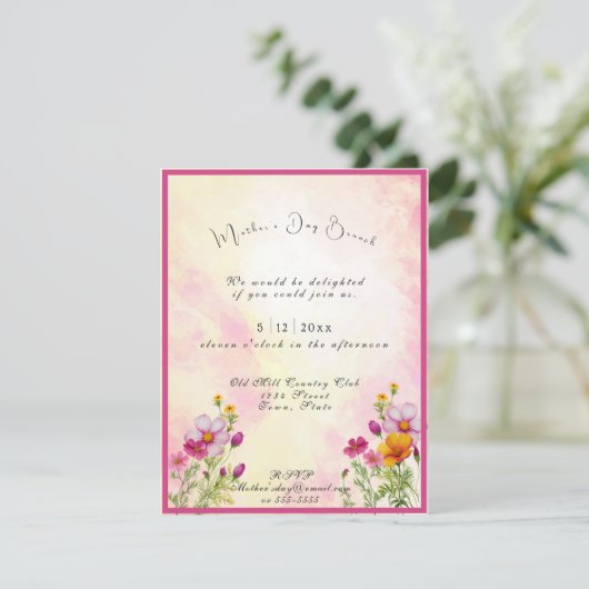 Invitation Fête des Mères Brunch Rose Jaune Fleurs Cosmos (Debout devant)