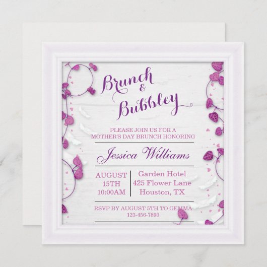Invitation Fête des mères décoratives violettes Brunch & Bubb (Devant / Derrière)