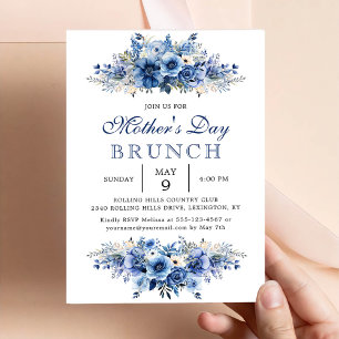 Invitation Fête des Mères Florales Bleues Brunch Party