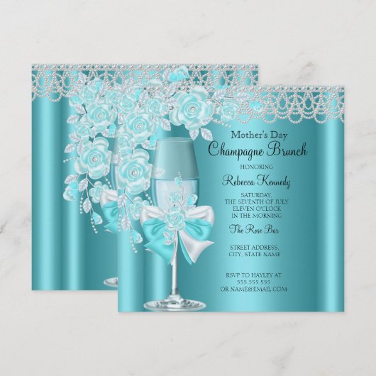 Invitation Fête des mères Joli Rose Turquoise Champagne Brunc (Devant / Derrière)