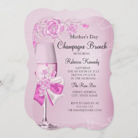 Invitation Fête des Mères Pretty Rose Champagne Brunch (Devant / Derrière)