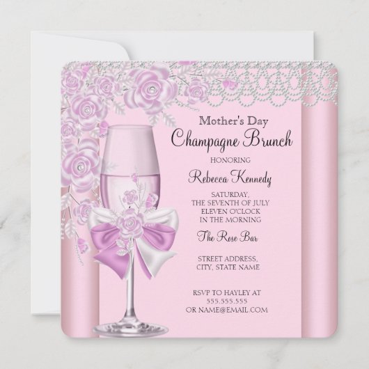 Invitation Fête des Mères Pretty Rose Champagne Brunch 2D (Devant)