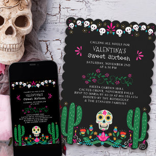 Invitation Fête des Morts Crânes Floraux Sweet 16