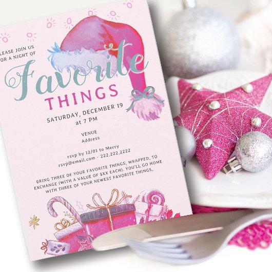 Invitation Fête des Objets Préférés Vacances Rose Cadeau Écha