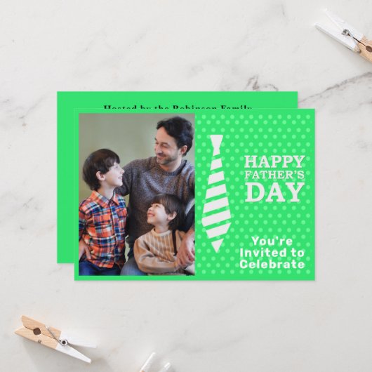 Invitation Fête des pères Cravate blanche Lumière vert points (Devant/Arrière en situation)