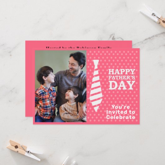Invitation Fête des pères Cravate blanche Points roses Ajoute (Devant/Arrière en situation)