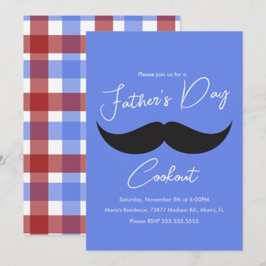 Invitation Fête des pères Cuisine Moustache bleu Plaid (Devant / Derrière)