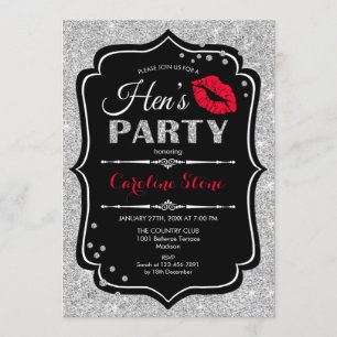 Invitation Fête des poules - Argent rouge noir