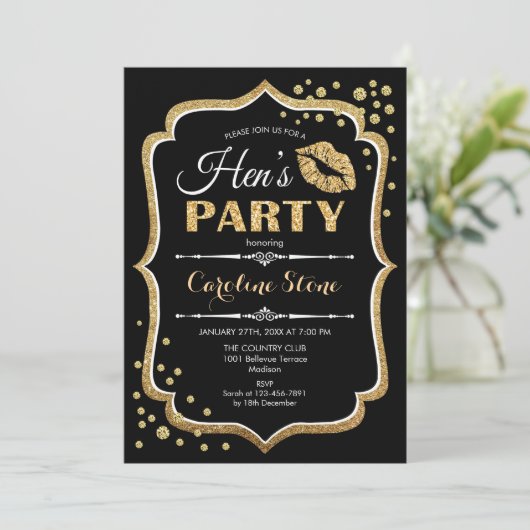 Invitation Fête des poules - Or noir (Debout devant)