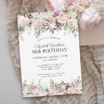 Invitation Fête des roses roses rose féminine 90e anniversair<br><div class="desc">Une magnifique invitation à fêter un 90ème anniversaire dans un style élégant, cette irrésistible décoration florale est bordée de roses charmantes, de fleurs mixtes et de verdure à la traîne. Tout le texte peut être personnalisé pour votre fête, y compris l'invité de l'âge d'honneur. Cette invitation est disponible sous forme...</div>