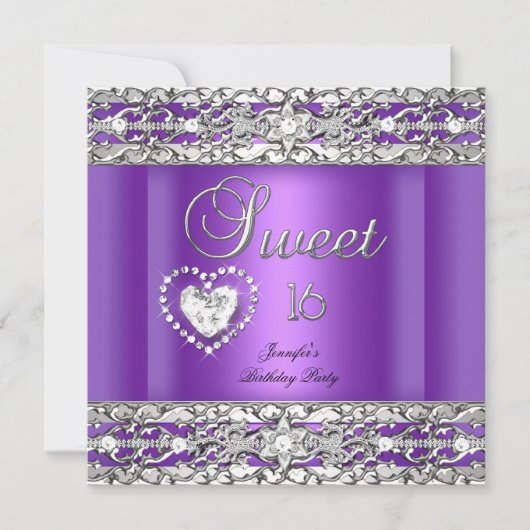 Invitation Fête des Seize Ans 16 Violet Argent Diamant (Devant)