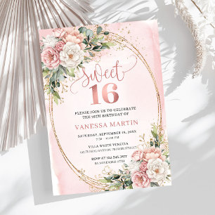Invitation Fête des Seize Ans Rose Gold Floral Euc