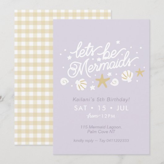 Invitation Fête des sirènes Lilac & En vichy Filles Anniversa (Devant / Derrière)