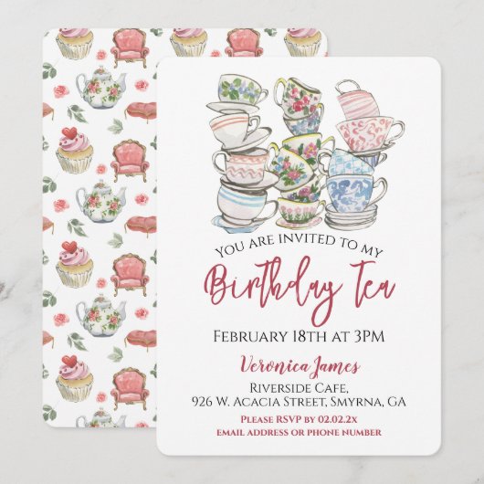Invitation Fête des tasses de thé d'anniversaire (Devant / Derrière)