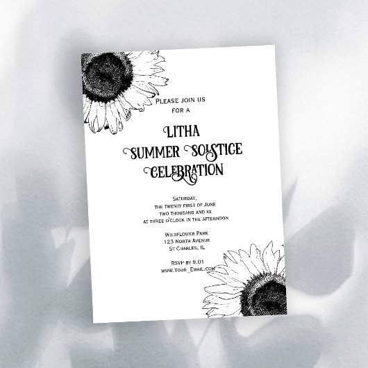 Invitation Fête des Tournesols Noirs et Blancs Litha Solstice