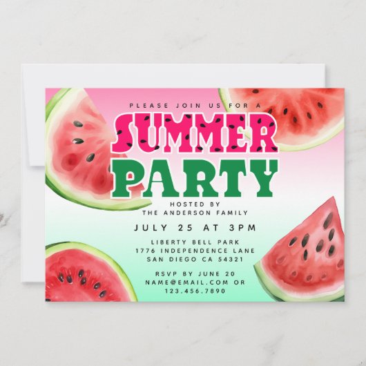 Invitation Fête d'été à l'aquarelle douce Horizontale (Devant)