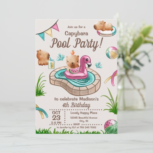 Invitation Fête d'été amusante au bord de la piscine avec des (Debout devant)