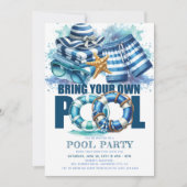 Invitation Fête d'été au bord de la piscine BYO Aquarelle ble (Devant)