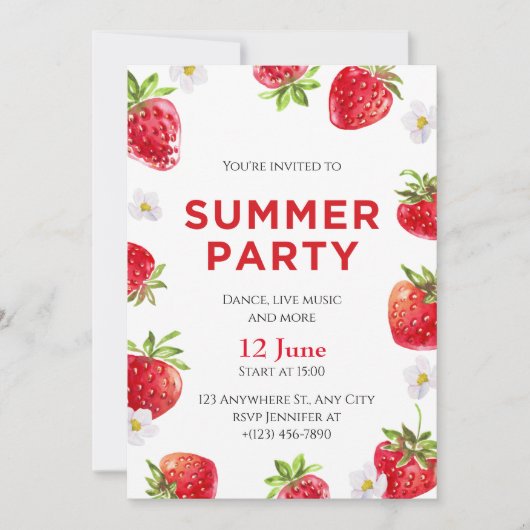 Invitation Fête d'été aux fraises d'aquarelle (Devant)