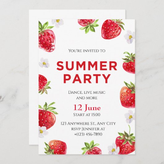 Invitation Fête d'été aux fraises d'aquarelle (Devant / Derrière)