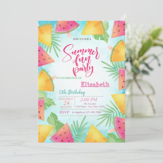 Invitation Fête d'été de la pastèque Palm Feuille (Debout devant)