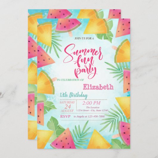 Invitation Fête d'été de la pastèque Palm Feuille (Devant / Derrière)
