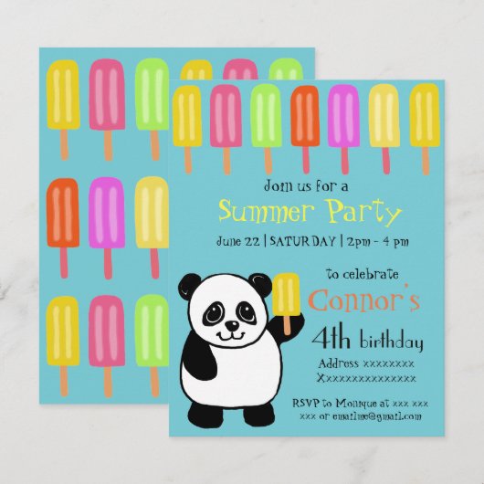 Invitation Fête d'été de Panda Bear avec des Popsicles (Devant / Derrière)