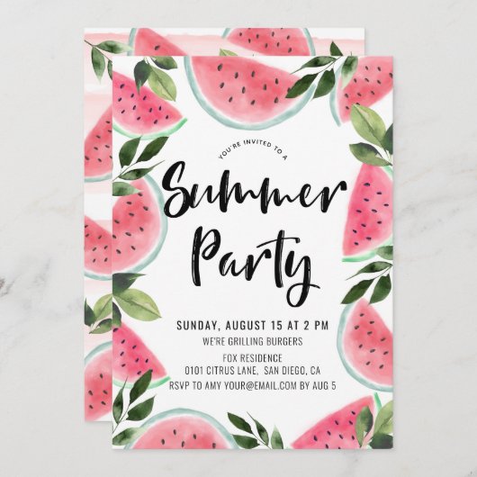Invitation Fête d'été de pastèque rose (Devant / Derrière)