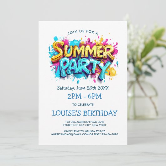 Invitation Fête d'été de style Graffiti jaune et bleu (Debout devant)