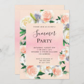 Invitation Fête d'été fleurons luxuriants corail rose (Devant / Derrière)