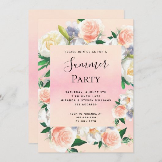 Invitation Fête d'été fleurons luxuriants corail rose (Devant / Derrière)