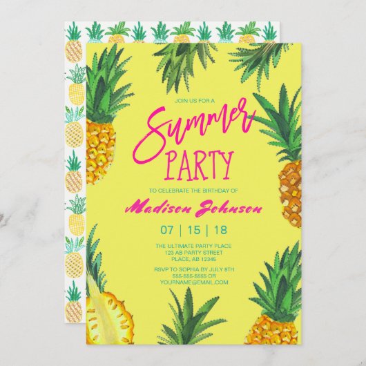 Invitation Fête d'été Jaune tendance | Ananas (Devant / Derrière)