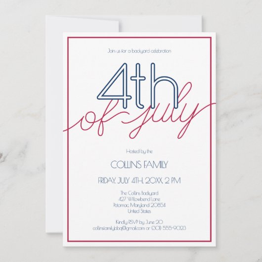 Invitation Fête d'été Rouge Blanc et Bleu 4 juillet (Devant)