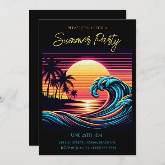 Invitation Fête d'été - Sunset Retro Surf Wave (Devant / Derrière)