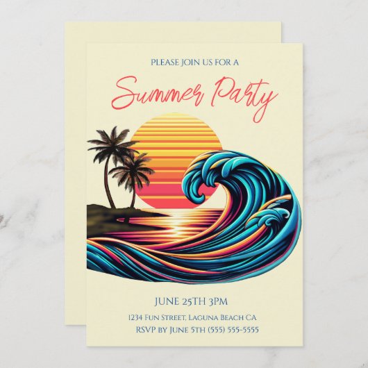 Invitation Fête d'été - Sunset Retro Surf Wave (Devant / Derrière)