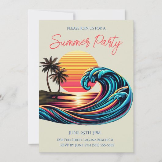 Invitation Fête d'été - Sunset Retro Surf Wave (Devant)