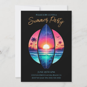 Invitation Fête d'été - Surf board au coucher du soleil