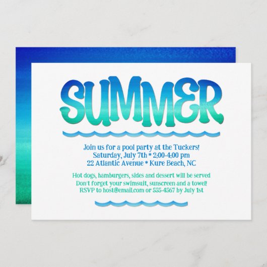 Invitation Fête d'été Vagues bleues et vertes Océan Aquarelle (Devant / Derrière)
