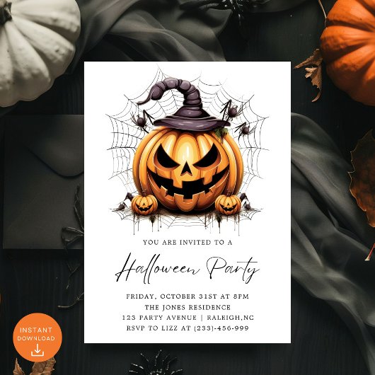 Invitation Fête d'Halloween adulte Citrouille moderne Araigné